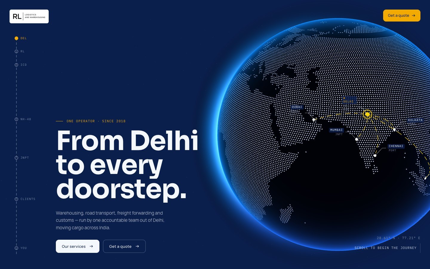 The RL Logistics & Warehousing website, designed and built by Thoda Logic: a dotted globe linking Delhi to its ports with the line From Delhi to every doorstep