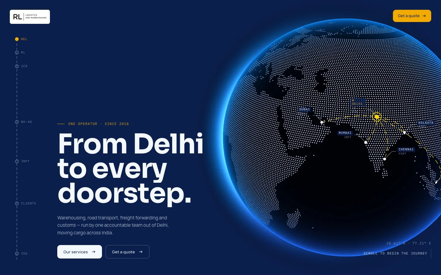 The RL Logistics home page: a dotted globe and the line From Delhi to every doorstep